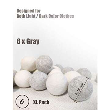 OHOCO Wool Dryer Balls 6 Pack XL, Organic Natural Wool for Laundry, Fabric Softening - Anti Static, Baby Safe, No Lint, Odorless and Reusable Gray