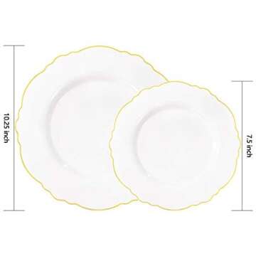 WDF 60pcs Plastic Plates - Baroque White and Gold Disposable Plates - Gold Plastic Plates of 30 Heavy Duty Gold dinner plates 10.25inch, 30 Salad Plates 7.5inch