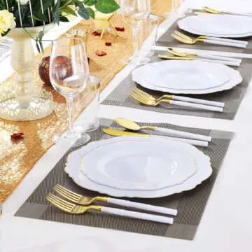 WDF 60pcs Plastic Plates - Baroque White and Gold Disposable Plates - Gold Plastic Plates of 30 Heavy Duty Gold dinner plates 10.25inch, 30 Salad Plates 7.5inch
