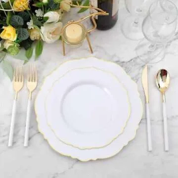 WDF 60pcs Plastic Plates - Baroque White and Gold Disposable Plates - Gold Plastic Plates of 30 Heavy Duty Gold dinner plates 10.25inch, 30 Salad Plates 7.5inch