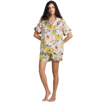 YiNi LuLu Womens Silk Satin Shorts Pajamas Set Button Down 2 Piece Pjs Short Sleeve Oversized Sleepwear with Pockets