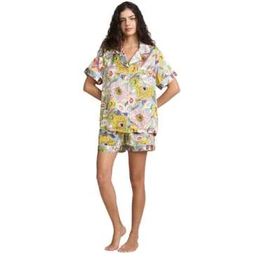 YiNi LuLu Womens Silk Satin Shorts Pajamas Set Button Down 2 Piece Pjs Short Sleeve Oversized Sleepwear with Pockets