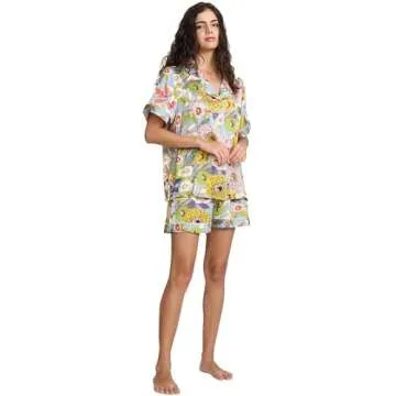 YiNi LuLu Womens Silk Satin Shorts Pajamas Set Button Down 2 Piece Pjs Short Sleeve Oversized Sleepwear with Pockets