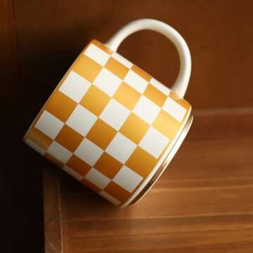 COLLECTIVE HOME - Chessboard Ceramic Mugs: Elegant Black & Gold Checkered Pattern, 15 oz Coffee Cups, Luxurious Gift with Box, Ideal for Office and Home, Not Microwave Safe (Gold)