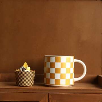 COLLECTIVE HOME - Chessboard Ceramic Mugs: Elegant Black & Gold Checkered Pattern, 15 oz Coffee Cups, Luxurious Gift with Box, Ideal for Office and Home, Not Microwave Safe (Gold)