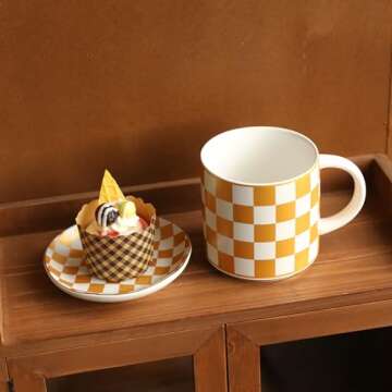 COLLECTIVE HOME - Chessboard Ceramic Mugs: Elegant Black & Gold Checkered Pattern, 15 oz Coffee Cups, Luxurious Gift with Box, Ideal for Office and Home, Not Microwave Safe (Gold)