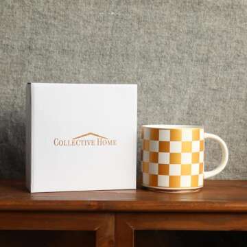 COLLECTIVE HOME - Chessboard Ceramic Mugs: Elegant Black & Gold Checkered Pattern, 15 oz Coffee Cups, Luxurious Gift with Box, Ideal for Office and Home, Not Microwave Safe (Gold)
