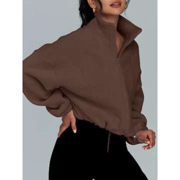 AUTOMET Womens Fleece Jackets Zip Up Oversized Sweatshirts Winter Clothes Long Sleeve Crop Sherpa Fall Outfits Fashion Brown M