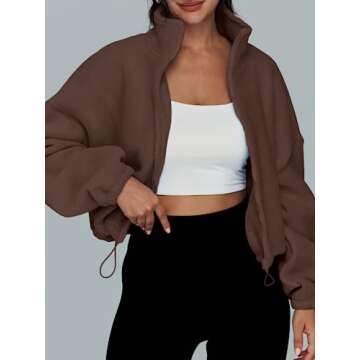 AUTOMET Womens Fleece Jackets Zip Up Oversized Sweatshirts Winter Clothes Long Sleeve Crop Sherpa Fall Outfits Fashion Brown M