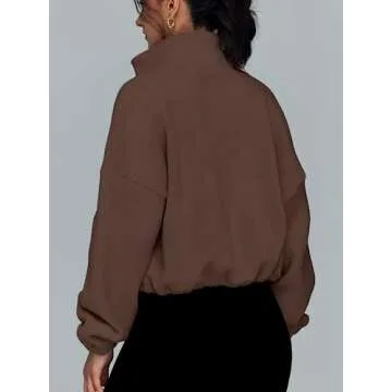 AUTOMET Womens Fleece Jackets Zip Up Oversized Sweatshirts Winter Clothes Long Sleeve Crop Sherpa Fall Outfits Fashion Brown M