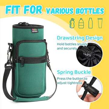 Nuovoware Water Bottle Carrier Bag, 25oz/32oz Bottle Pouch Holder, Adjustable Shoulder Hand Strap 2 Pocket Sling Neoprene Sleeve Sports Water Bottle Bag for Men Women Hiking Travel, Dark Green