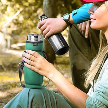 Nuovoware Water Bottle Carrier Bag, 25oz/32oz Bottle Pouch Holder, Adjustable Shoulder Hand Strap 2 Pocket Sling Neoprene Sleeve Sports Water Bottle Bag for Men Women Hiking Travel, Dark Green