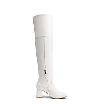 DREAM PAIRS Women's Dob213 Thigh High Over the Knee Fashion Chunky Heel Long Boots, White Pu, Size 7