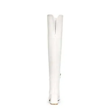 DREAM PAIRS Women's Thigh High Chunky Heel Boots - White PU