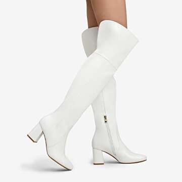 DREAM PAIRS Women's Thigh High Chunky Heel Boots - White PU