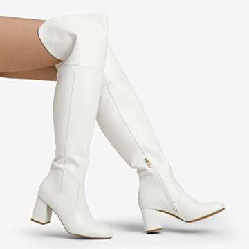 DREAM PAIRS Women's Thigh High Chunky Heel Boots - White PU