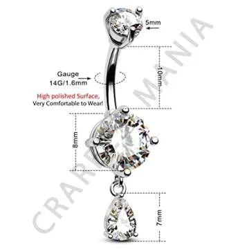 CM Crareesi Mania Dangle Belly Button Ring Teardrop Belly Rings 316L Surgical Steel Belly Button Piercing Jewelry Silver Belly Piercing Jewelry for Women