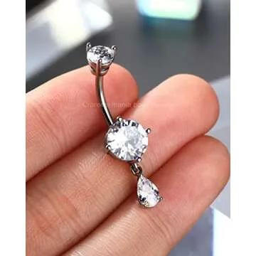 CM Crareesi Mania Dangle Belly Button Ring Teardrop Belly Rings 316L Surgical Steel Belly Button Piercing Jewelry Silver Belly Piercing Jewelry for Women