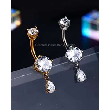 CM Crareesi Mania Dangle Belly Button Ring Teardrop Belly Rings 316L Surgical Steel Belly Button Piercing Jewelry Silver Belly Piercing Jewelry for Women