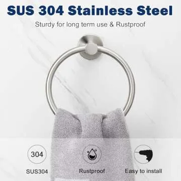 NearMoon Bath Towel Ring, Bathroom Hardware Accessories-Thicken Stainless Steel Hand Towel Holder for Bathroom, Modern Round Towel Hanger Wall Mounted (Brushed Nickel, 1 Pack)
