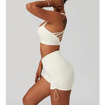 ABOCIW Workout Sets for Women, Buttery Soft Twisted Multis Strap Sport Bra V Cross Waist Ruched Mini Shorts 2 Piece Gym Yoga Sets Fitness Activewear 04 Beige Small