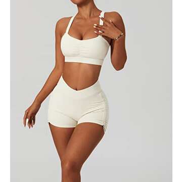 ABOCIW Workout Sets for Women, Buttery Soft Twisted Multis Strap Sport Bra V Cross Waist Ruched Mini Shorts 2 Piece Gym Yoga Sets Fitness Activewear 04 Beige Small