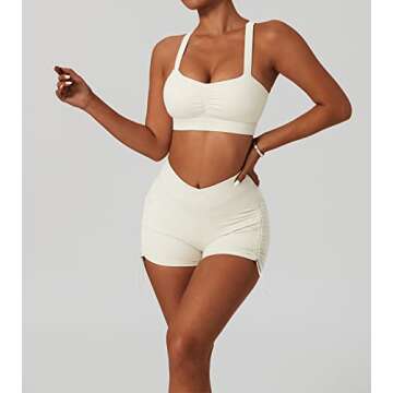 ABOCIW Workout Sets for Women, Buttery Soft Twisted Multis Strap Sport Bra V Cross Waist Ruched Mini Shorts 2 Piece Gym Yoga Sets Fitness Activewear 04 Beige Small