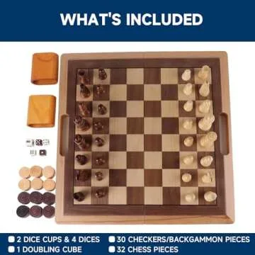 GSE Games & Sports Expert 16" Deluxe 3-in-1 Wooden Folding Chess, Checker and Backgammon Board Game Combo Set, Portable Travel Chess Checker Backgammon Set for Kids & Adults