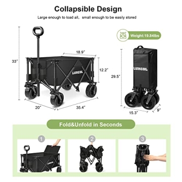 LUXCOL Collapsible Folding Wagon, Heavy Duty Utility Beach Wagon Cart for Sand with Big Wheels, Adjustable Handle&Drink Holders for Shopping, Camping,Garden and Outdoor