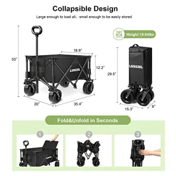 LUXCOL Collapsible Folding Wagon, Heavy Duty Utility Beach Wagon Cart for Sand with Big Wheels, Adjustable Handle&Drink Holders for Shopping, Camping,Garden and Outdoor