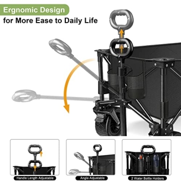 LUXCOL Collapsible Folding Wagon, Heavy Duty Utility Beach Wagon Cart for Sand with Big Wheels, Adjustable Handle&Drink Holders for Shopping, Camping,Garden and Outdoor