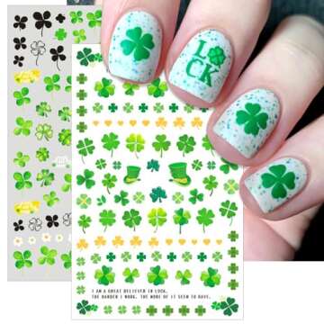 IDDFEVE St. Patrick's Day Nail Art Stickers, Irish Shamrock 3D Self-Adhesive Nail Decals Lucky Clover Green Leaf Design of Spring Summer (5 Sheets)