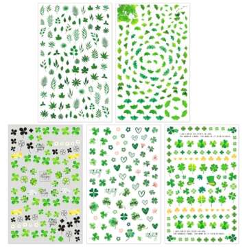 IDDFEVE St. Patrick's Day Nail Art Stickers, Irish Shamrock 3D Self-Adhesive Nail Decals Lucky Clover Green Leaf Design of Spring Summer (5 Sheets)