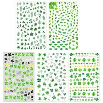 IDDFEVE St. Patrick's Day Nail Art Stickers, Irish Shamrock 3D Self-Adhesive Nail Decals Lucky Clover Green Leaf Design of Spring Summer (5 Sheets)