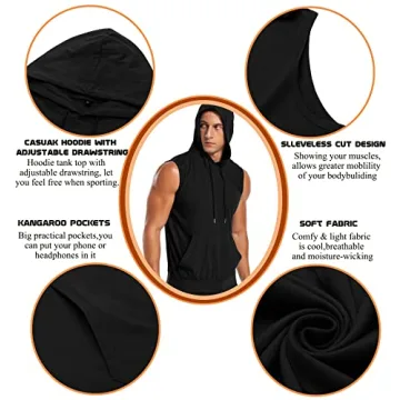 Men's Hooded Tank Tops for Running & Gym - Black