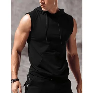 Men's Hooded Tank Tops for Running & Gym - Black