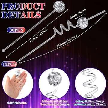 45 Pcs Disco Party Decorations Mirror Disco Ball Straws Disco Ball Stirrers Cocktail 70s Disco Decorative Straws Plastic Stir Sticks Mini Disco Straw Decor for Dance Holiday Wedding Birthday Supply