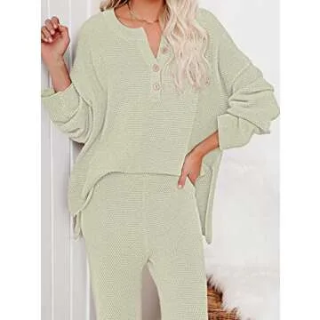 Viottiset Women's 2 Piece Outfits Sweatsuit Knit Long Sleeve Sweater Wide Leg Pants Jogger Lounge Set Light Green S