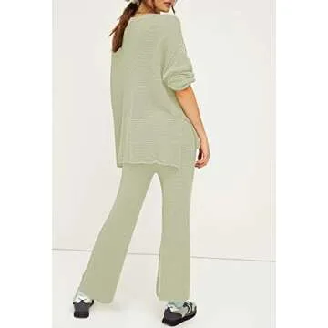 Viottiset Women's 2 Piece Outfits Sweatsuit Knit Long Sleeve Sweater Wide Leg Pants Jogger Lounge Set Light Green S
