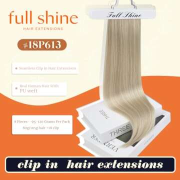 Full Shine Clip in Hair Extensions Real Human Hair Ash Blonde Seamless Clip Ins for Women