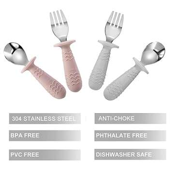 PandaEar 4 Set Baby Toddler Silicone Stainless Steel Utensils Silverware Spoon Fork for Baby Toddler BPA Free with Silicone Holding Anti-Choke Design (Pink&Grey)