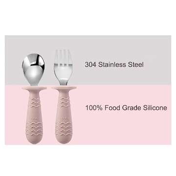 PandaEar 4 Set Baby Toddler Silicone Stainless Steel Utensils Silverware Spoon Fork for Baby Toddler BPA Free with Silicone Holding Anti-Choke Design (Pink&Grey)