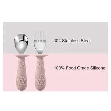 PandaEar 4 Set Baby Toddler Silicone Stainless Steel Utensils Silverware Spoon Fork for Baby Toddler BPA Free with Silicone Holding Anti-Choke Design (Pink&Grey)