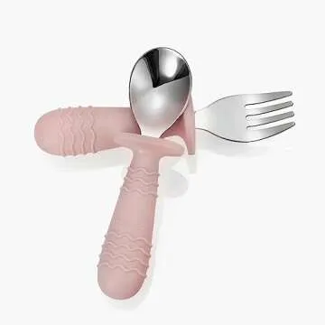 PandaEar 4 Set Baby Toddler Silicone Stainless Steel Utensils Silverware Spoon Fork for Baby Toddler BPA Free with Silicone Holding Anti-Choke Design (Pink&Grey)