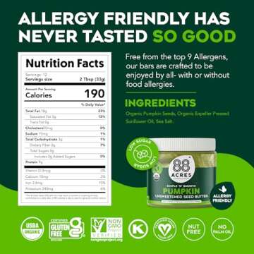 88 Acres Organic Pumpkin Seed Butter | Unsweetened | Keto-Friendly, Gluten Free, Dairy Free, Nut-Fre...