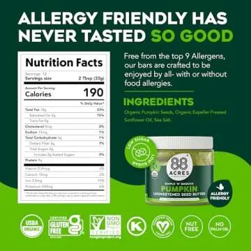 88 Acres Organic Pumpkin Seed Butter | Unsweetened | Keto-Friendly, Gluten Free, Dairy Free, Nut-Fre...