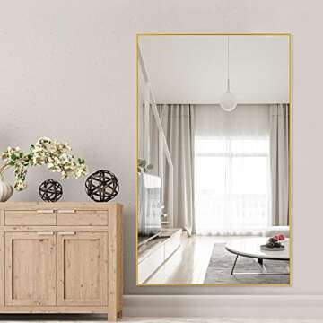 NeuType Full Length Mirror Hanging or Leaning Against Wall, Large Rectangle Bedroom Mirror Floor Mirror Dressing Mirror Wall-Mounted Mirror, Thin Frame,Gold,52"x32",No Stand