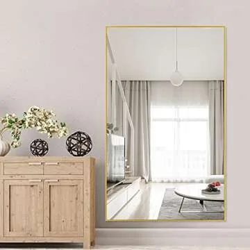 NeuType Full Length Mirror Hanging or Leaning Against Wall, Large Rectangle Bedroom Mirror Floor Mirror Dressing Mirror Wall-Mounted Mirror, Thin Frame,Gold,52"x32",No Stand