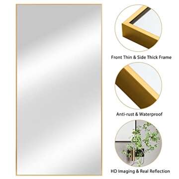 NeuType Full Length Mirror Hanging or Leaning Against Wall, Large Rectangle Bedroom Mirror Floor Mirror Dressing Mirror Wall-Mounted Mirror, Thin Frame,Gold,52"x32",No Stand