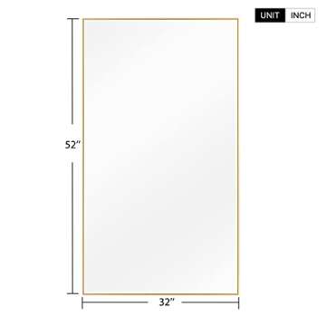 NeuType Full Length Mirror Hanging or Leaning Against Wall, Large Rectangle Bedroom Mirror Floor Mirror Dressing Mirror Wall-Mounted Mirror, Thin Frame,Gold,52"x32",No Stand